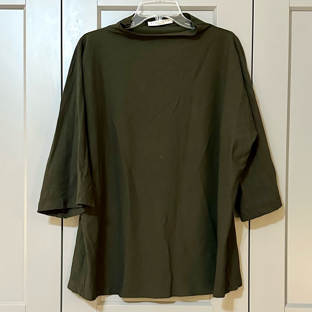 Bryn Walker High Neck Italian Ponti Tunic Top Dark Green Relaxed Fit Size Medium